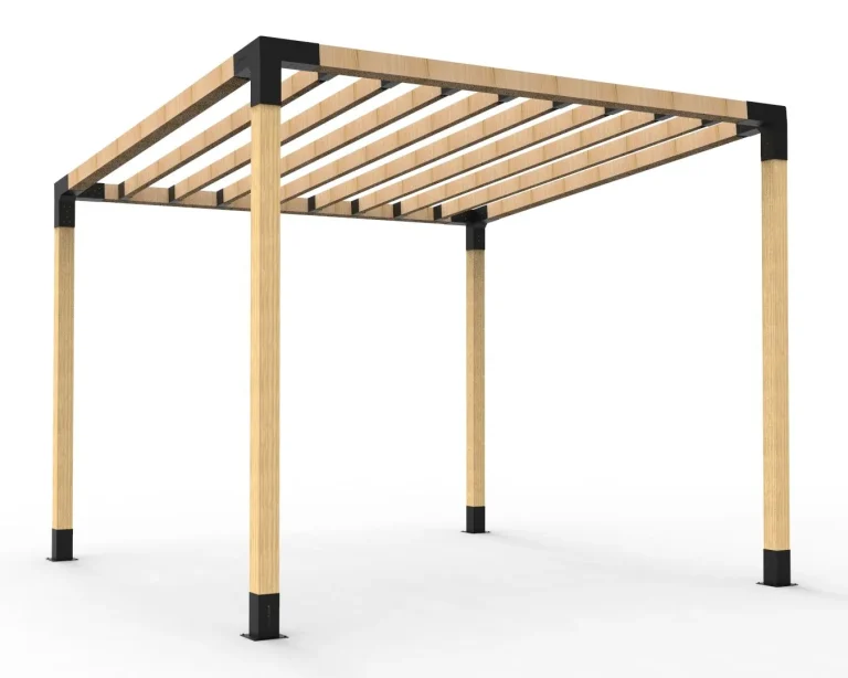 An angled pergola with 8 rafters, installed by Cool Awnings, provides stylish shade for a deck or patio.